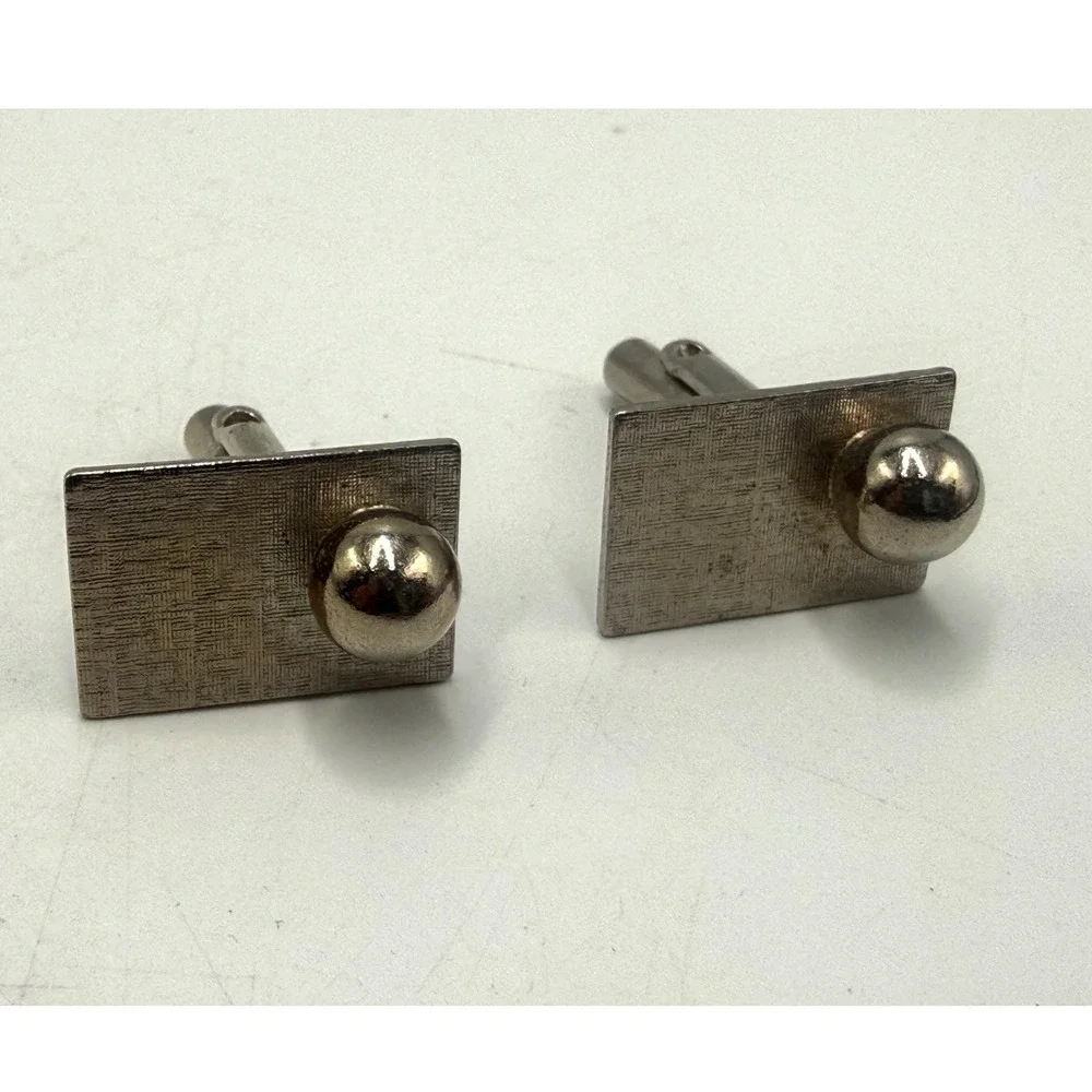 Vintage Silver Tone Textured Rectangular Cufflinks with Ball Accent Toggle Back